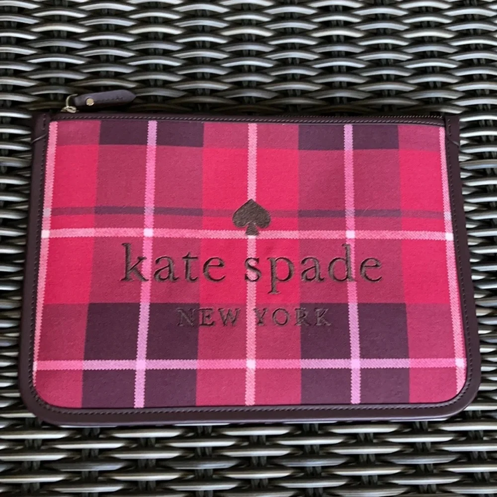 Kate Spade Ella Plaid Bright Rose Large Zip Pouch Clutch